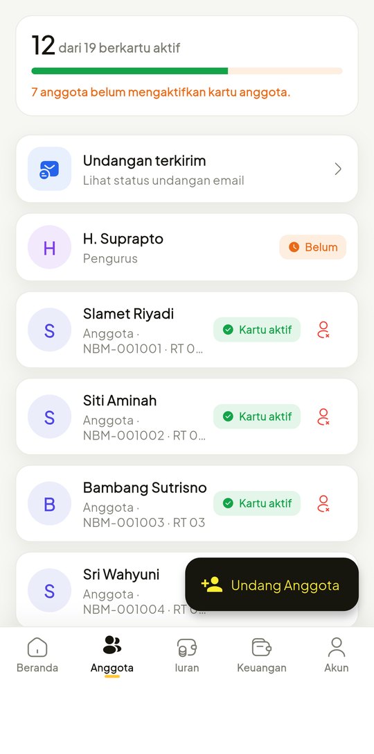 Semua anggota, satu daftar: Lengkap dengan nomor anggota dan tag bebas: RT, angkatan, kelas, atau posisi main. Bisa dicari, dan tidak ikut hilang kalau pengurus berganti.