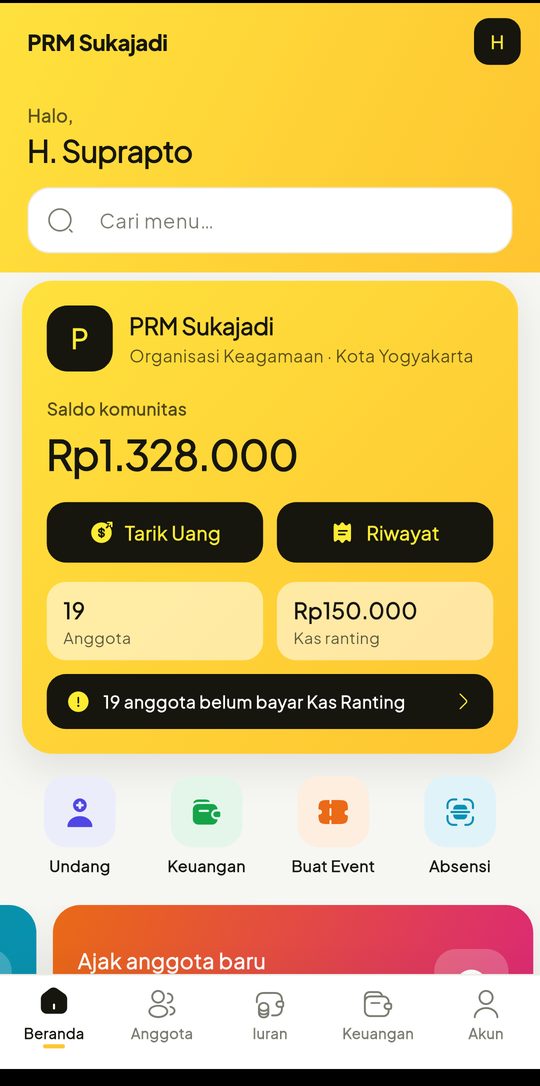 Beranda pengurus SATOO: jumlah anggota, menu undang, keuangan, buat event, dan absensi