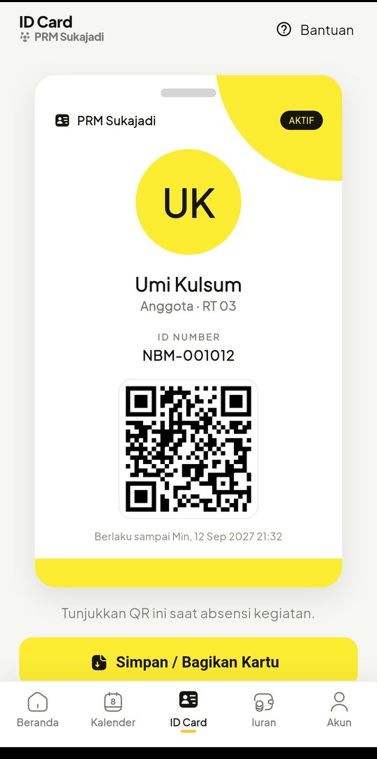 Kartu anggota: Ber-QR, bisa disimpan, dipindai saat kegiatan.