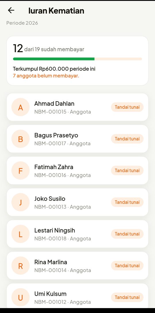 Siapa yang belum bayar: Nama yang belum ada di urutan paling atas. Yang menyerahkan tunai pun tinggal ditandai, dan uangnya masuk buku kas.